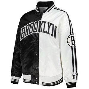 Women's Brooklyn Nets Starter Black/White Split Colorblock Satin Full-Snap Varsi